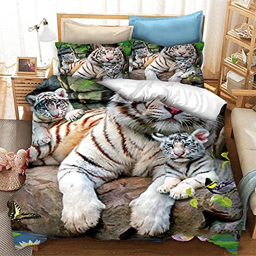 ZHOUJIELUN Housse de Couette 90X190cm Enfant Tigre Blanc Parure de Lit 1 Personne Doux Respirant Microfibre Housse de Couette avec Fermeture Éclair + 1 Taie...