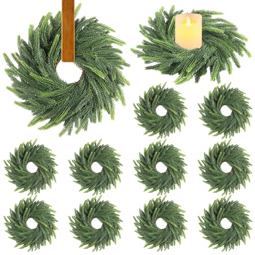 Aneco 12 Pieces Christmas Candle Ring Wreath with Ribbon Mini
