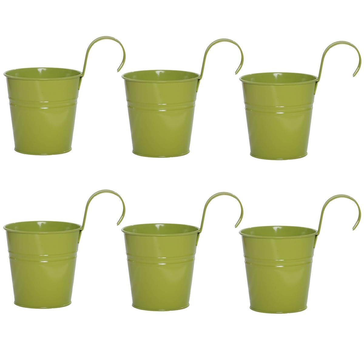 6PCS Vintage Hanging Flower Pots Metal Iron Bucket Planter Plant Pots with Detachable Hook for Fence Balcony Garden Wall Home Decor Outdoor Patio, with Drainage Hole(Green)