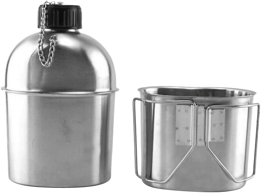Stainless Steel Camping Cup & Kettle Set, 1L (34 fl oz) Pot with Lid, Outdoor Cooking for Hiking Backpacking