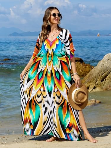 Image of sunforyou Kaftan Dresses for Women Plus Size Lightweight Swimsuit Cover up Batwing Sleeve Print Loungewear Beach Robe