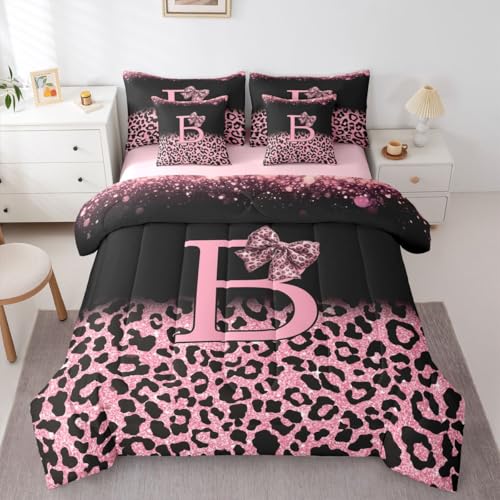Image of Feelyou Pink Leopard Bow Comforter Set with Sheets 7 Piece King Size Initial Letter B Bed in a Bag Kids Boys Girls Girly Bowknot Bedding Set Bedroom Decor Breathable Soft Lightweight Microfiber