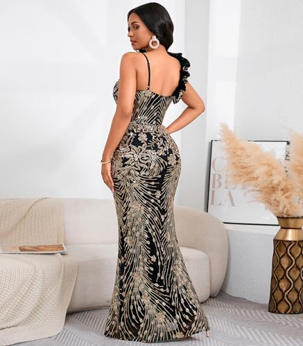 Image of Cololura Women Sexy Elegant Sequin High Split Ruffled Hem Mermaid Party Cocktail Bodycon Formal Evening Gowns Maxi Dress