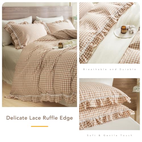 Image of QSH 3PCs Washed Cotton Tan Gingham Lace Ruffle Duvet Cover Set Queen Size Khaki Plaid Shabby Vintage Boho Chic Bedding Quilt Cover Farmhouse Ultra Soft Comforter Cover Set Queen with Pillow Shams