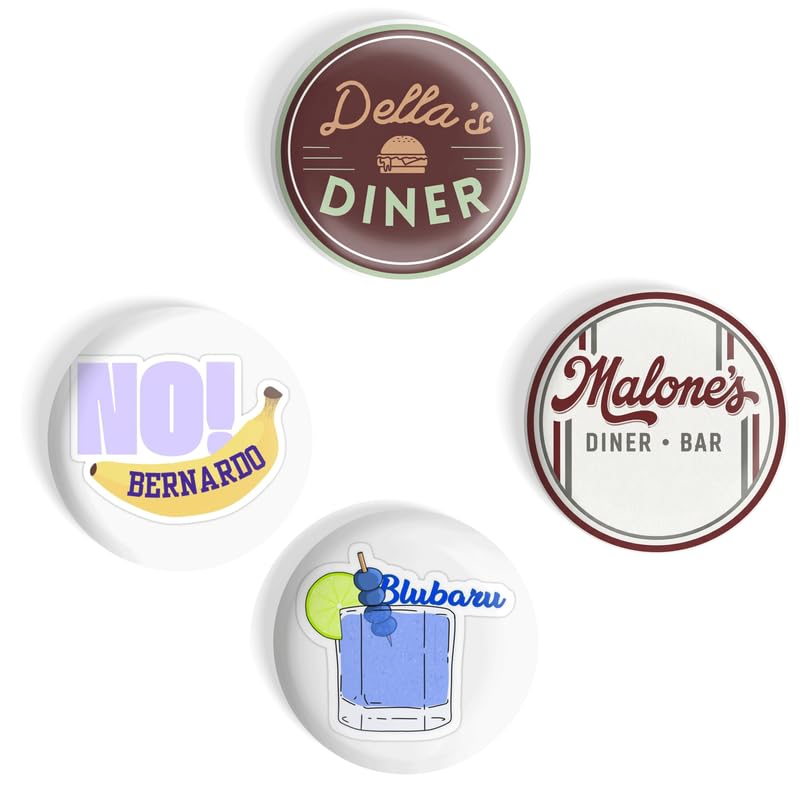 Briar U Places Pack of 4 Glossy Pin Badges – Della's Diner, No Bernado Banana, Malone's Diner Bar, Blubaru | Stainless Steel Pins | OEKO-TEX Certified-image-27