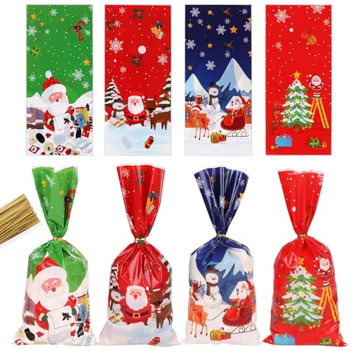 DERAYEE クリスマス ギフトバッグ 小物入れ プレゼント用 贈り物 ラッピング 袋 12x27.5cm 4種類 50枚入り 巾着袋 おしゃれ サンタクロース 雪だるま 小分け 収納
