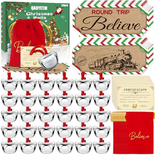 24 juegos de campanas de Navidad Polar Express de 1.8 pulgadas, regalos de Papá Noel, adorno de Navidad a granel, boleto de tren con etiquetas, bolsa de terciopelo rojo, recuerdos de fiesta de Navidad