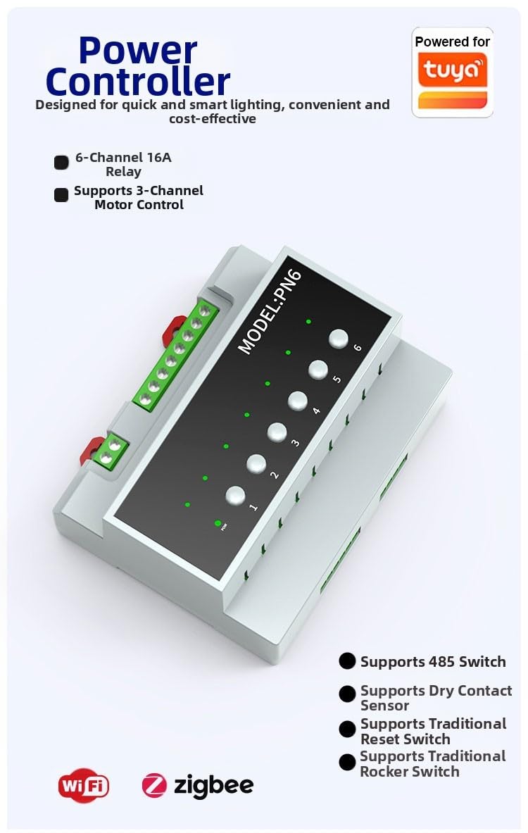 per Tuya WiFi a 6 canali per interruttore relè Zigbee, controller multi-dispositivo 16A con indicatori LED e pulsanti manuali, modalità di recupero dell'alimentazione Domotica