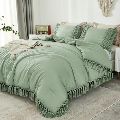 Image of Andency Full Size Comforter Set Sage Green, 3 Pieces Boho Tassel Lightweight Vintage Soft Bedding Comforter Sets, All Season Fluffy Fringe Bed Set (79x90In Comforter & 2 Pillowcases)