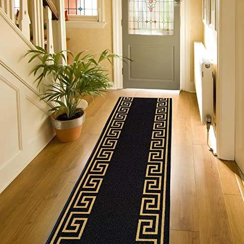 Aspen Design Custom Size Greek Key Design Black Gold Color Rubber Backed Non Slip Hallway #TOP1