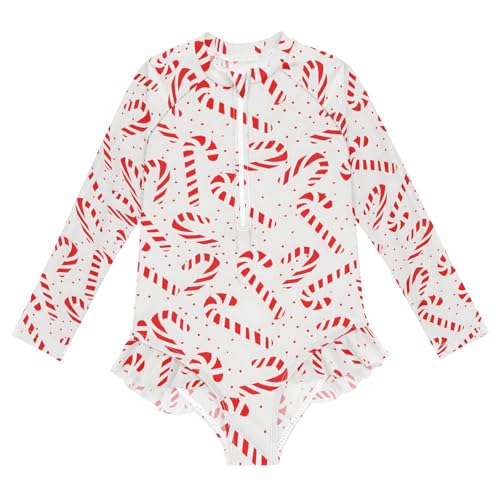 ALAZA Toddler Swimsuit Girl Bathing Suit Swimwear Rash Guard Christmas Candy Cane Long Sleeve 3T