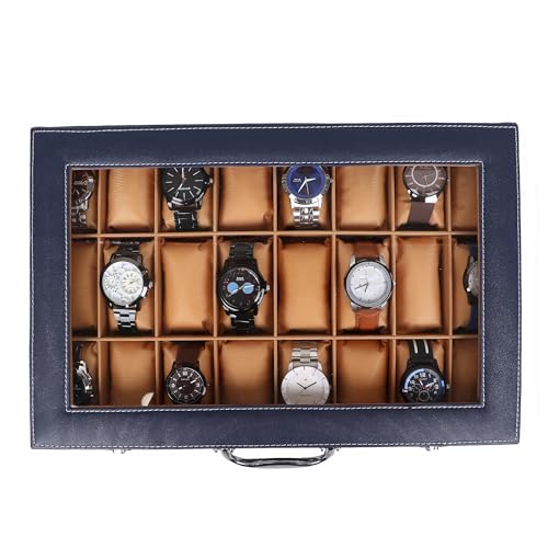 Image of LEDO Watch Box Organizer with 24 Slots, PU Leather Case, Transparent Display, Blue and Cream Interior, Metal Clasp Lock, Rectangular Storage for Men and Women