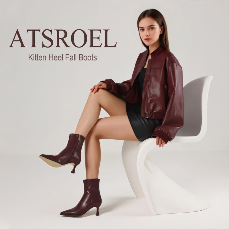 Image of Womens Brown Suede Fall Boots with Side Zip, Ankle, Mid Calf, Pointed Toe, Kitten Heel, Dressy, Short Boots