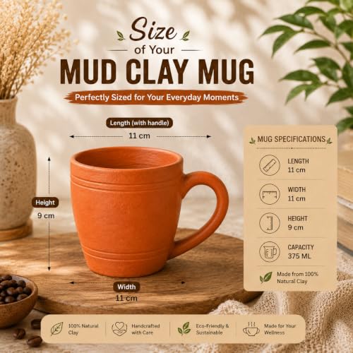 Image of Clay Coffee Mugs Set of 2 with Handle | Handmade Terracotta Tea Cups 375 ml | Natural Earthen Kulhad Mug for Tea, Coffee, Milk & Beverages | Eco-Friendly Mitti Cup Set for Home & Office Use
