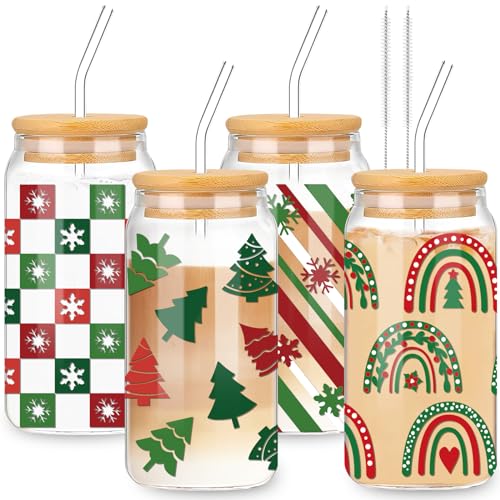 Whaline 4 Pack Boho Christmas Iced Coffee Cup Xmas Tree Snowflake Rainbow Beer Can Glass Red Green Xmas Glass Cup with Lid Straw for Home Office Gifts,16oz