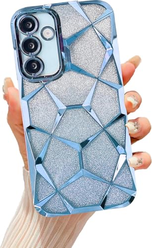 Image of VONZEE Gradient Glitter Case for Samsung S24 FE, Luxury Electroplated 3D Cube, Diamond Bling Shiny Soft TPU Clear Shockproof Women Girls Protective Phone Cover (Sierra Blue)