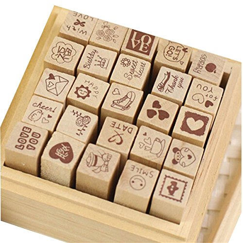 Pack of 25 Pcs Small Heart Shape Wooden Rubber Stamps with Box for DIY Craft Card and Photo Album (Red)