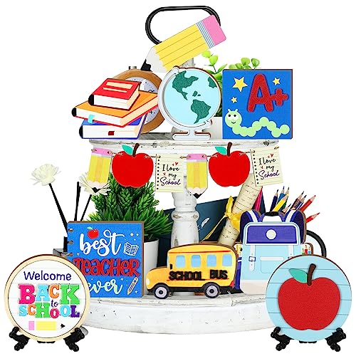 20 Pcs Back to School Tiered Tray Decor Wood Signs Decorative Trays Items Back to School Table Centerpiece Farmhouse Rustic Table Decor Wooden Tiered Tray Set for School Home Classroom Desk