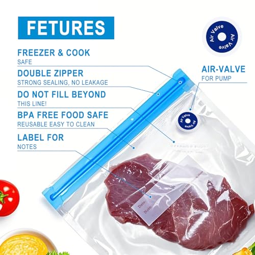 Image of 39-Pack BPA-Free Vacuum Sealer Bags with Pump Included - 3 Sizes, Reusable Meal Bags with & Without Air Valves for Freshness - Microwave & Freezer Safe for Meal Prep & Food Storage