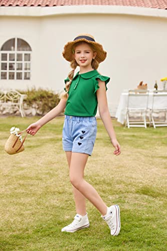 Flypigs Girls Casual Ruffle Sleeve T-Shirt Cute Summer Blouse For Girls Polo Peter Pan Collar Button Tops Blouse Tee Green #TOP2