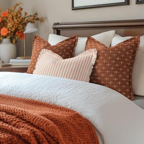 Image of ZWJD Fall Pillow Covers 18x18 Set of 2 Striped Pillow Covers with Fringe Chic Cotton Decorative Pillows Square Cushion Covers for Sofa Couch Bed Living Room Farmhouse Fall Decor, (Burnt Orange)