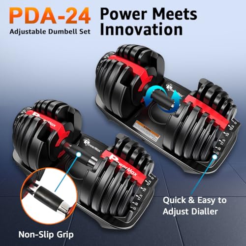 Image of PowerMax Fitness PDA-24 Pro-Adjustable Dumbbell Set 2.5KG-24KG Quick Select Weight | Heavy-duty 15-in-1 Dial Change Hand Weight for Home Gym Workout | Strength training equipment for 52lbs (Set of 2)