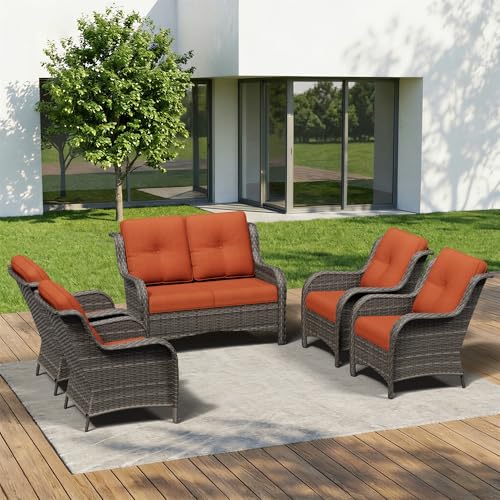 Image of 5 Piece Outdoor Wicker Patio Furniture Set, Patio Chairs Set with Thickened Olefin Cushions, High Back and Deep Seating, Hand-Woven PE Rattan for Porch, Deck