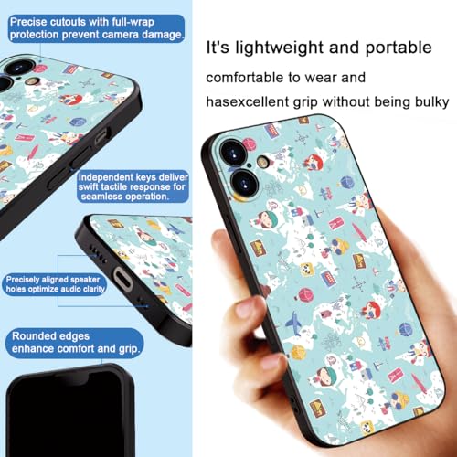 Cute Cartoon World Map Phone Case for iPhone 16 - Soft & Shockproof Travel Style for Girls & Women (B1-Cartoon Cute Girly)