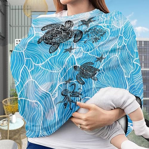 Image of Sea Turle Car Seat Covers Multi-Use Nursing Cover for Baby Infant,Carseat Canopy,Soft Breastfeeding Covers Baby Nursing Cover Easy to Install