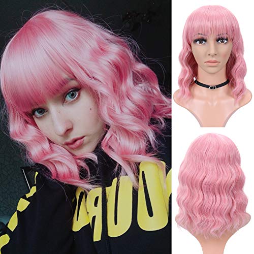 M-BOX Hair 12 Inch Wavy Bob Wig with Bangs Short Curly Bob Wigs Shoulder Length Synthetic Wigs for Women Pink Fluffy Pastel Colored Wigs for Girls (12",#pink)