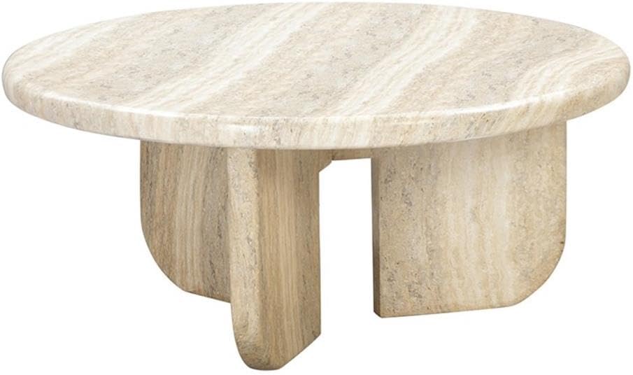 Pemberly Row Contemporary Round Coffee Table, Concrete Construction, Tan Travertine Finish, Handmade Modern Design, Outdoor-Safe Neutral Accent Table for Living Room or Patio Use