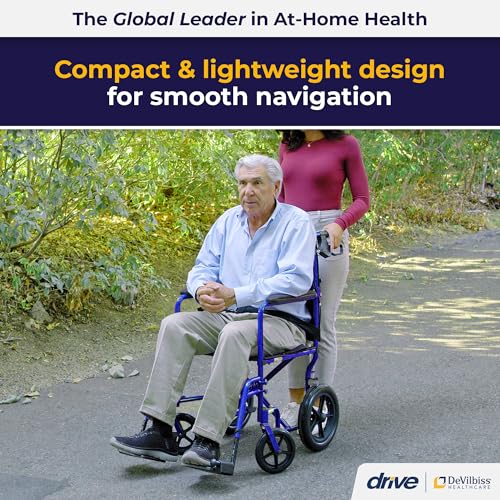 Image of Drive Medical Lightweight Expedition Folding Transport Wheelchair with Hand Brakes - Portable Support - Large Rear Wheels - Compact Folding - Comfortable Design - Blue