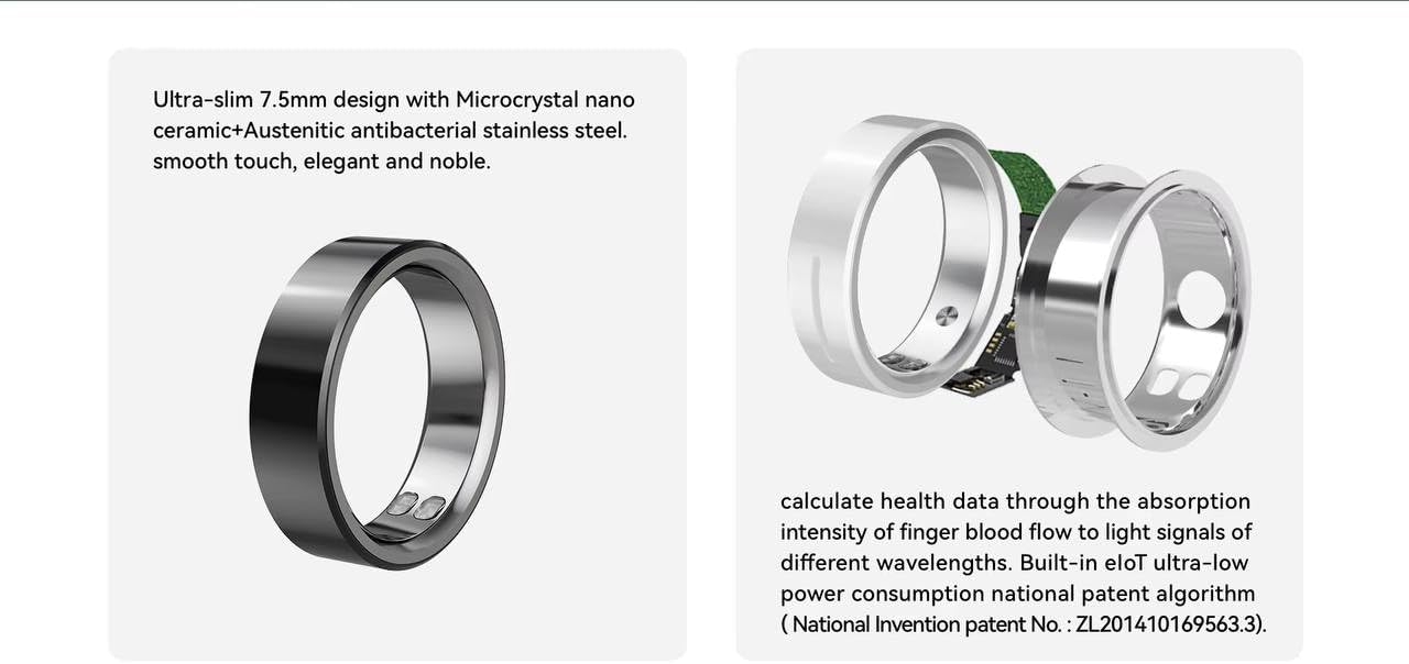 Smart Ceramic Ring for Health Monitoring, Vibration Alerts, Call and Medication Reminders, 2026 Model (Black-Cable, 9)