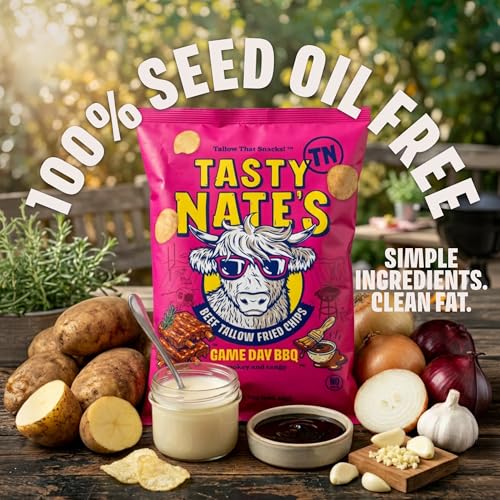 Image of Tasty Nate's Beef Tallow Potato Chips - Game Day BBQ Flavor Kettle Chips Fried in 100% Beef Tallow Seed Oil Free - Gluten Free Healthy Snacks Paleo Friendly 7oz Bag - Pack of 4