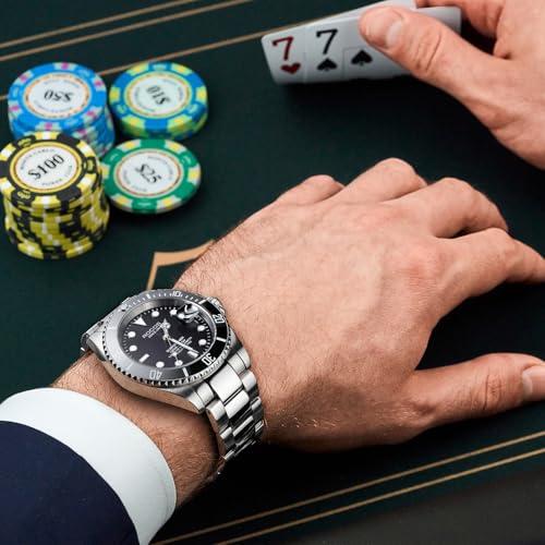Image of ROCOSJEWE Men Analogue Silver Band Automatic Mechanical Watch Black /Green Dial Ceramic Bezel Waterproof Wristwatch Luminous Calendar Display Stainless Steel Adjustable Strap Gifts R0158Green