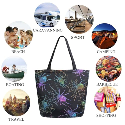 Rainbow Halloween Spiders in Web Extra Large Canvas Gym Shoulder Tote,Durable Reusable Daily Top Handle Bag for Mens Womens Yoga Weekender Picnic Beach Travel Market Shopping2