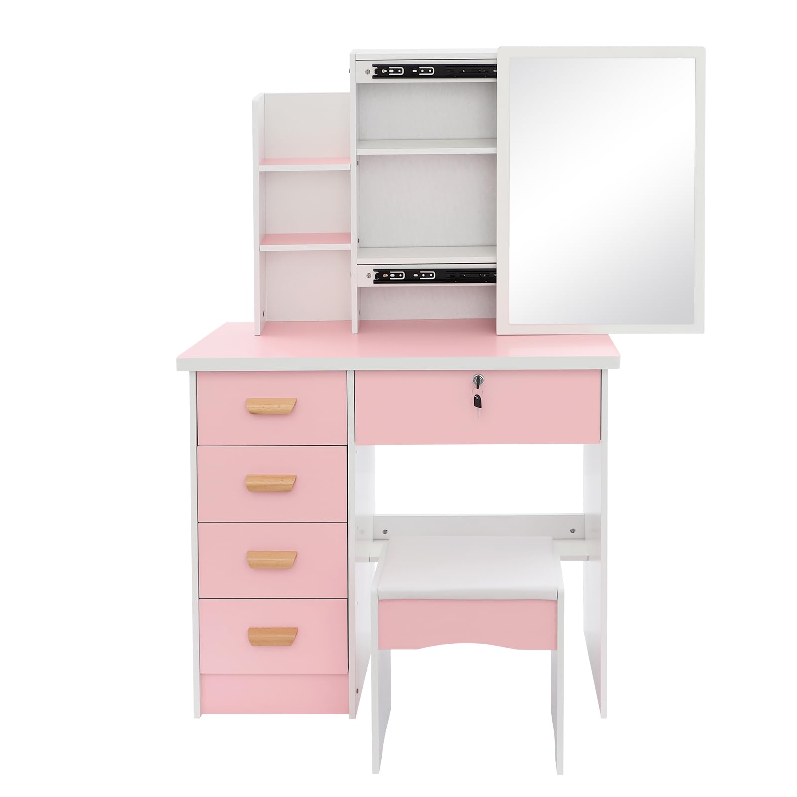 Tavolo da toeletta rosa 128 cm 5 cassetti Sgabello a specchio portaoggetti