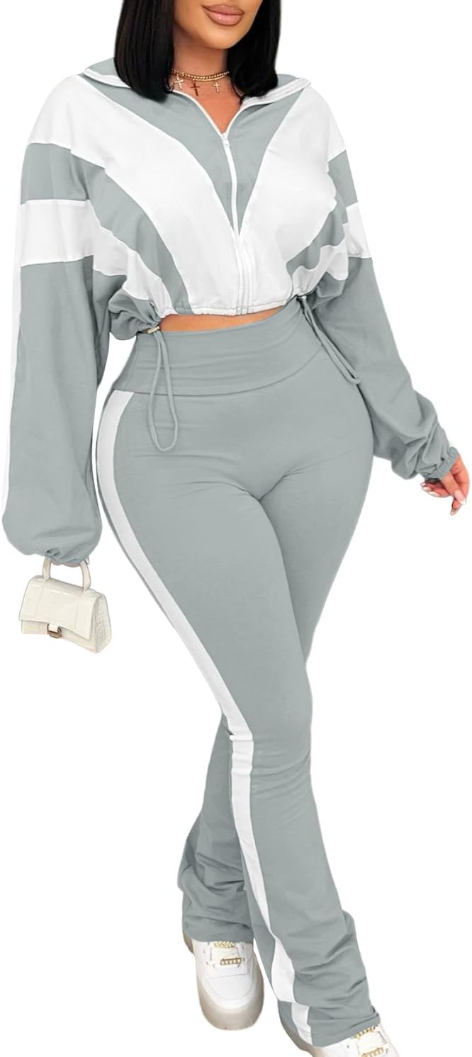 Vssjavun Women 2 Piece Outfit Color Block Long Sleeve Zip Drawstring Cropped Jacket Bodycon Long Pants Set Sweatsuit