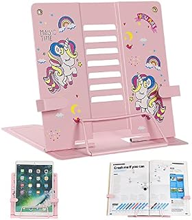 Housolution Desk Book Stand,Metal Reading Rest Book Holder, Adjustable Cookbook Holder,Documents Holder Portable Sturdy, Bookstands for Recipes with 7 Adjustable Reading Angles, Pink Unicorn