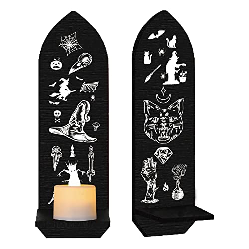 Creatcabin Set Of 2 Gothic Wall Candle Holder Shelf Halloween Themed Mounted Wooden Pillar Sconces Candlestick Decor Witch Display Stand For Home Dining Room Bathroom Kitchen Hallway 3.9 X 14.2Inch #TOP28