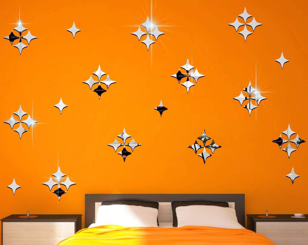 Bikri Kendra 50 Star Silver Mirror Stickers for Wall, Wall Mirror