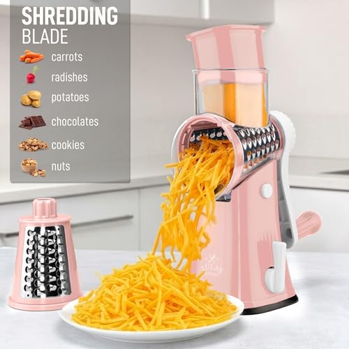 Image of Zulay Kitchen Rotary Cheese Grater 5 Blade Cheese Shredder - Manual Hand Crank Cheese Grater With Reinforced Suction & 5 Interchangeable Drums - Easy to Use, Vegetable Chopper Round Mandoline Slicer