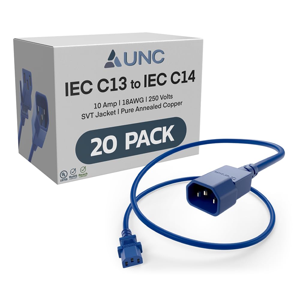 UNC PDU Power Cable C13 to C14, 4.5 Foot - 20 Pack Blue, 10 Amp - SJT 250V, UL Listed, 18AWG IEC Extension Cord, Reliable Server Rack Power Cable for