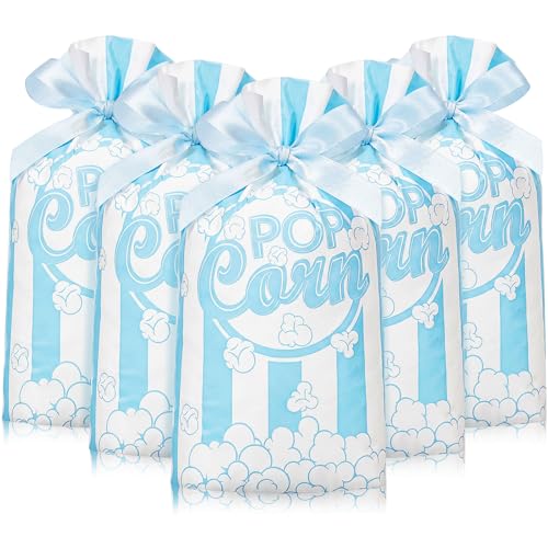 Image of 50 Pcs Popcorn Plastic Bags Circus Carnival Party Goodie Bags Bulk Movie Night Popcorn Container for Carnival Movie Night Theater Halloween Party Supplies (Blue)