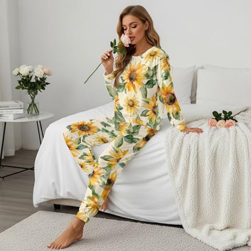 Image of Womens Lounge Set Long Sleeve Soft Pajama Sets | Casual 2 Piece Pj Outfit, Crewneck Sleepwear with Pockets, Adjustable Drawstring, Soft Comfy Fall Pajamas, Plus Size