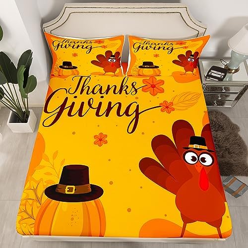 spefrowx Thanksgiving Turkey Bedding Set Full Size, Fall Pumpkin Bed Sheets for Kids Boys Girls Adult, Autumn Harvest Fitted Sheet Rustic Maple Leaf Sheets Thanksgiving Day Decorations, Yellow