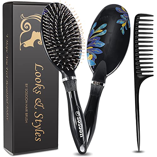 Hair Brush, Sosoon Boar Bristle Hair Brushes for Women Men Kids Thick Curly Dry Wet Hair, Smoothing Detangling Hairbrush Adds Shine and Improves Hair Texture with Hair Comb (Black)
