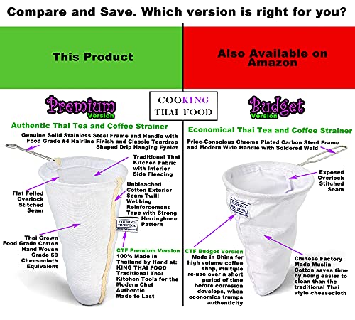 Ctf Gold Thai Tea Strainer, Large 5" Diameter, 11" Deep Machine Washable Cotton Filter With Handle, Removable Authentic Fleeced Cloth Holds 2 Cups Leaf For 2 Quarts Iced Tea, Genuine Stainless Steel #TOP4