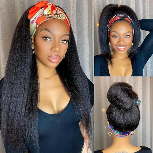 WIGNEE Perruque bandeau cheveux crépus raides 55 cm noir yaki perruque synthétique avec bandeau sans colle pour femme noire