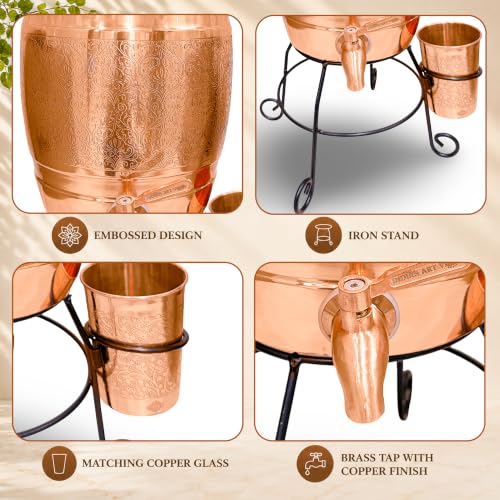 Image of Indian Art Villa Copper Water Pot with Embossed Design, 5 Litre Water Storage Vessel with Stand, Tap & Glass (275 ML), Ayurvedic Water Dispenser for Home, Office, Dining & Gifting